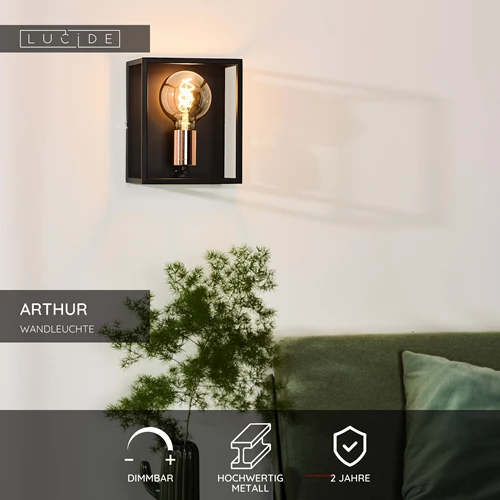 Lucide ARTHUR - Wandleuchte - 1xE27 - Schwarz - USP
